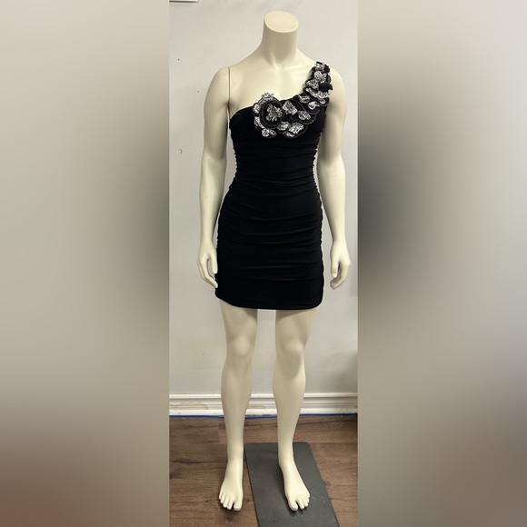 DEB RUCHED BLACK FORMAL DRESS ONE SHOULDER MINI SIZE SMALL - Picture 3 of 6